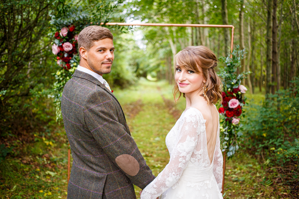 Woodland Wedding in The Cotswolds with Winter Red Styling and a Dog