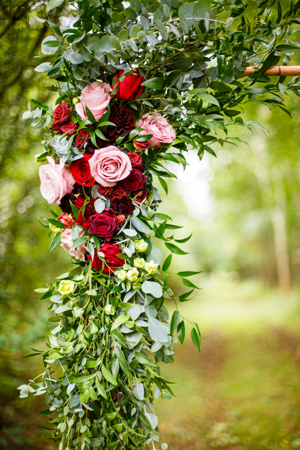 Woodland Wedding in The Cotswolds with Winter Red Styling and a Dog