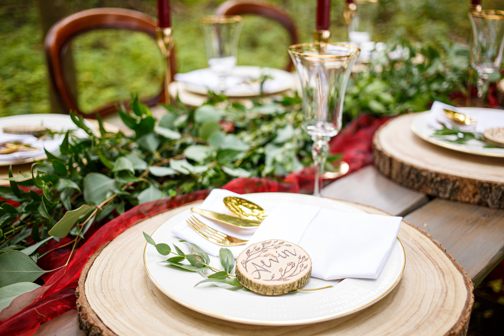 Woodland Wedding in The Cotswolds with Winter Red Styling and a Dog