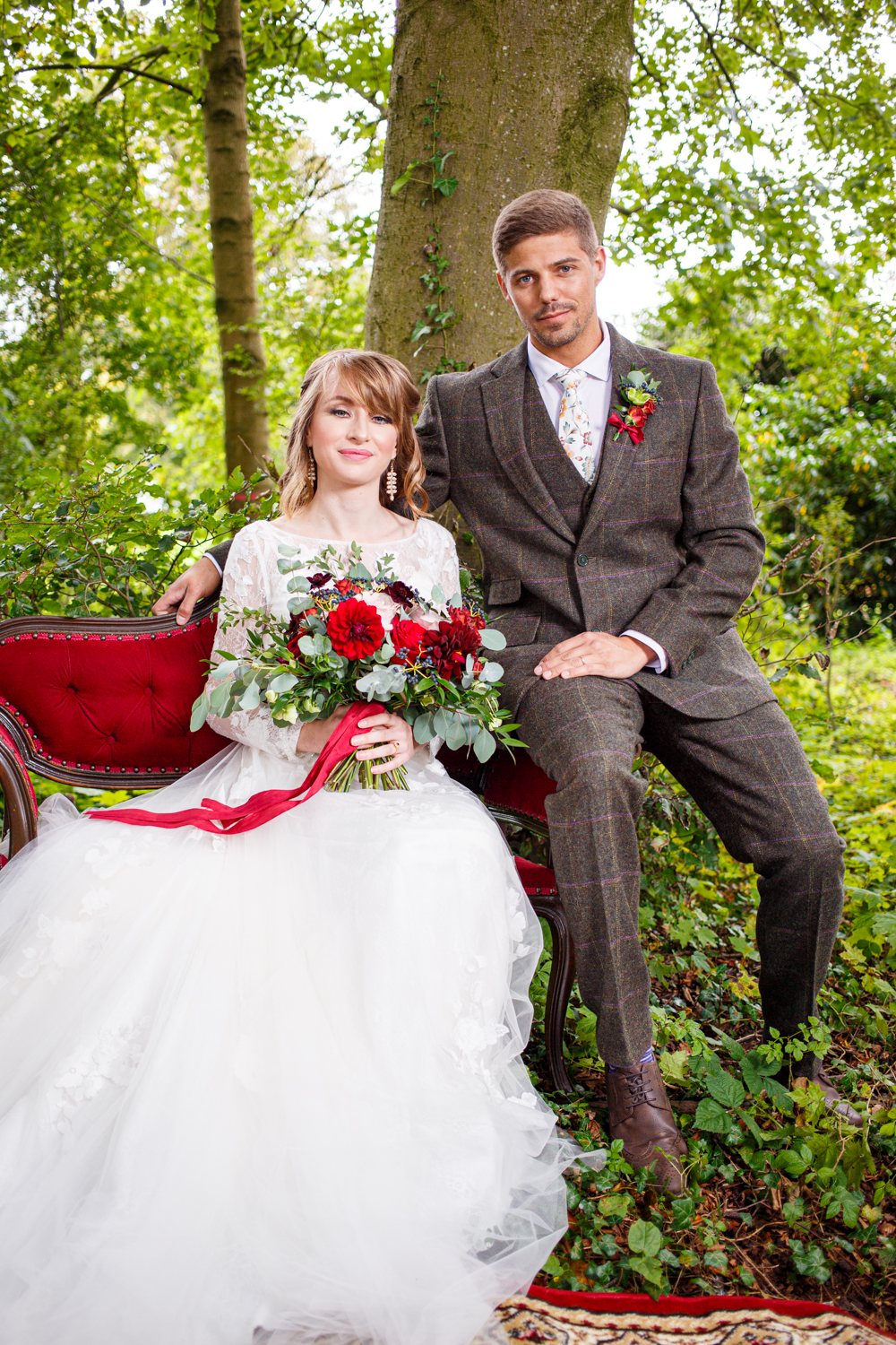 Woodland Wedding in The Cotswolds with Winter Red Styling and a Dog