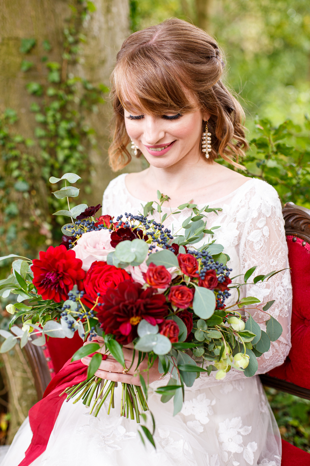 Woodland Wedding in The Cotswolds with Winter Red Styling and a Dog