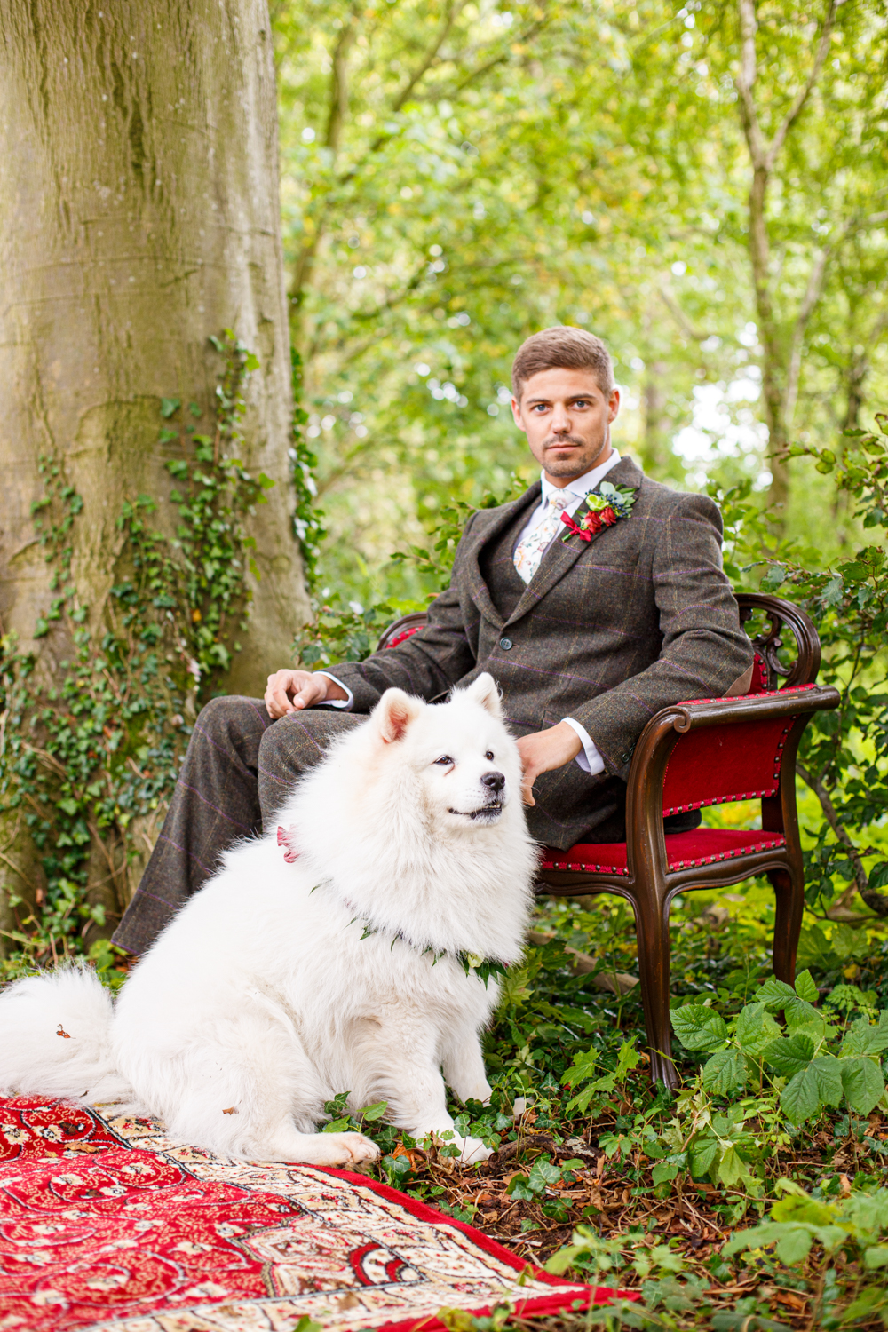 Woodland Wedding in The Cotswolds with Winter Red Styling and a Dog