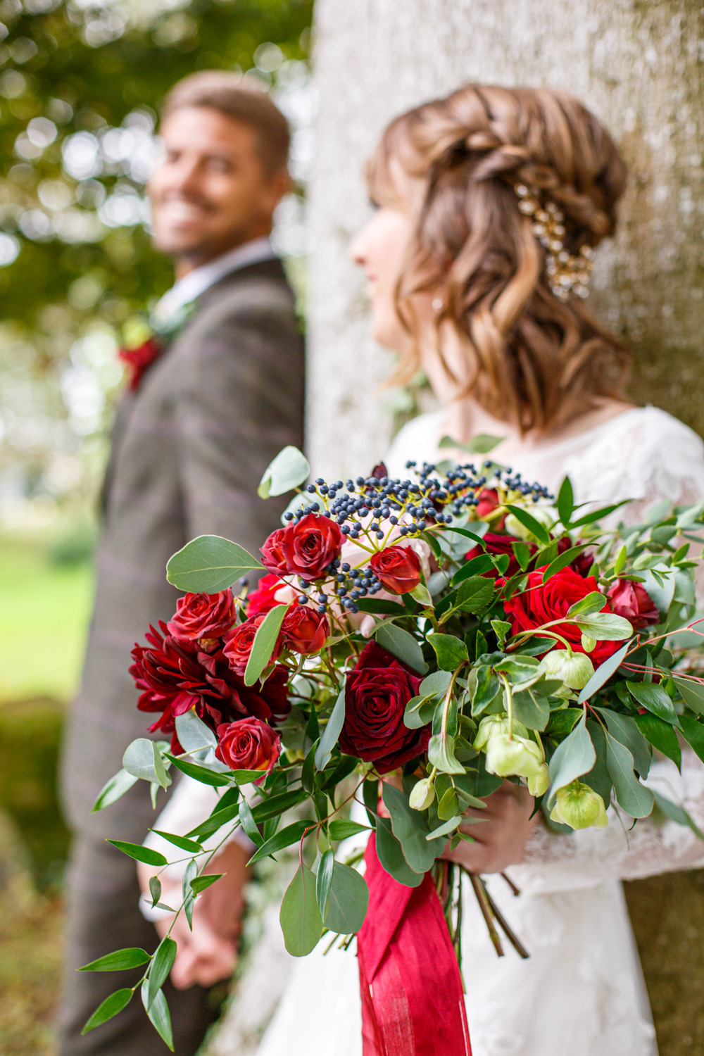 Woodland Wedding in The Cotswolds with Winter Red Styling and a Dog