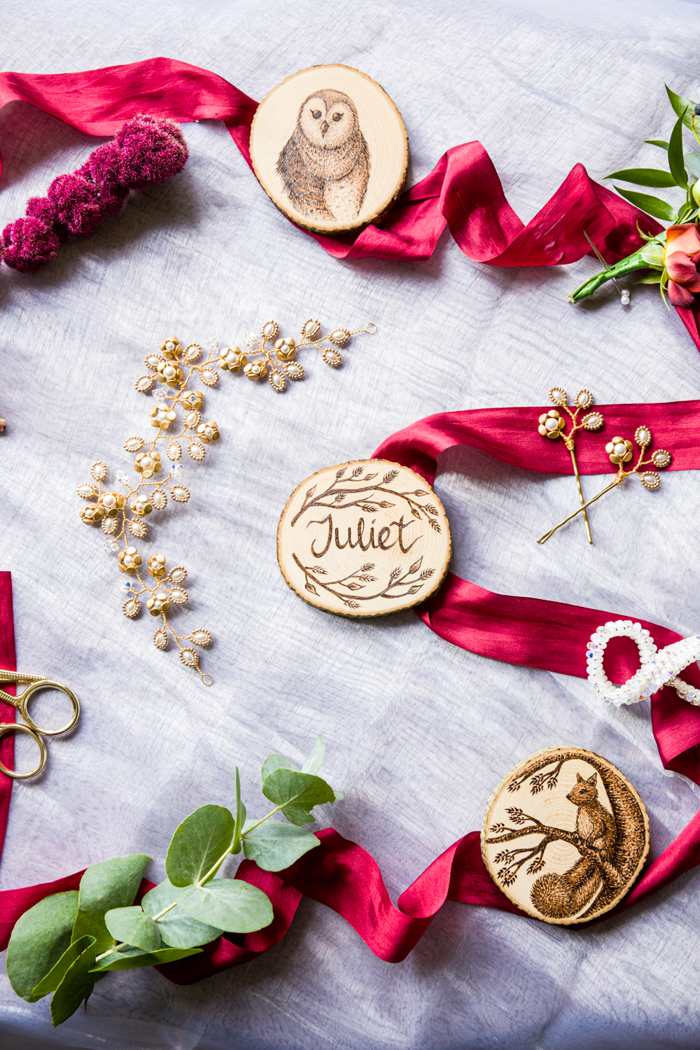 Woodland Wedding in The Cotswolds with Winter Red Styling and a Dog