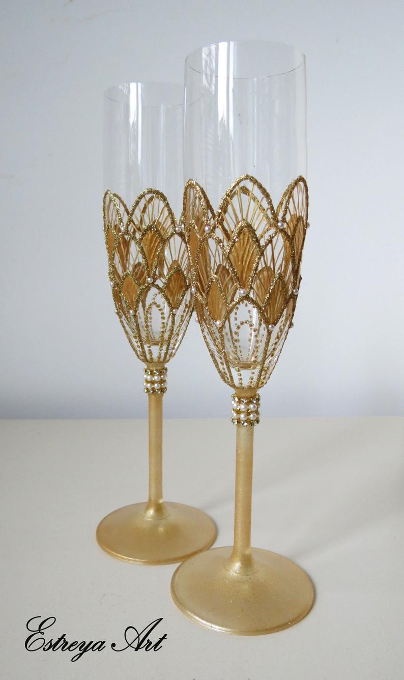 Couple’s Hand Painted Glasses In A Glam 1920’s Style