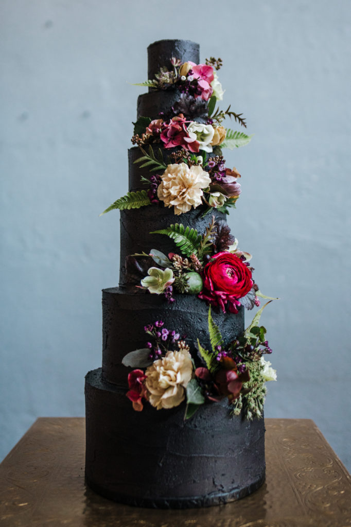 Dark Urban Wedding With Burgundy Styling and A Black Wedding Dress