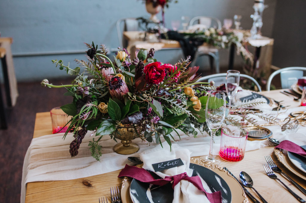 Dark Urban Wedding With Burgundy Styling and A Black Wedding Dress