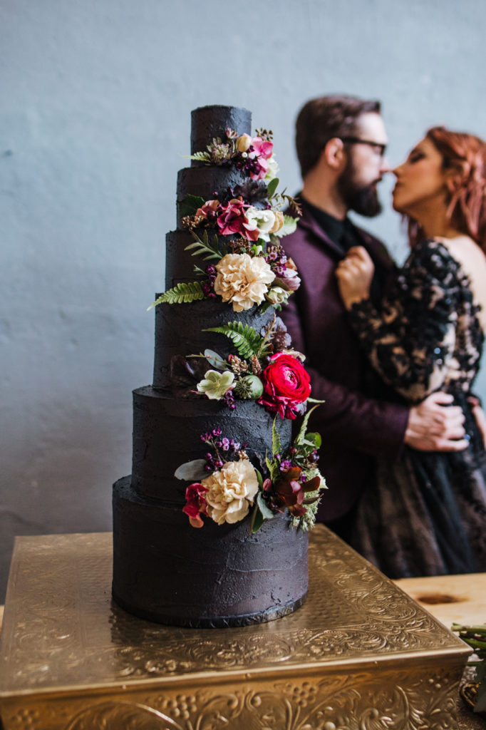 Dark Urban Wedding With Burgundy Styling and A Black Wedding Dress