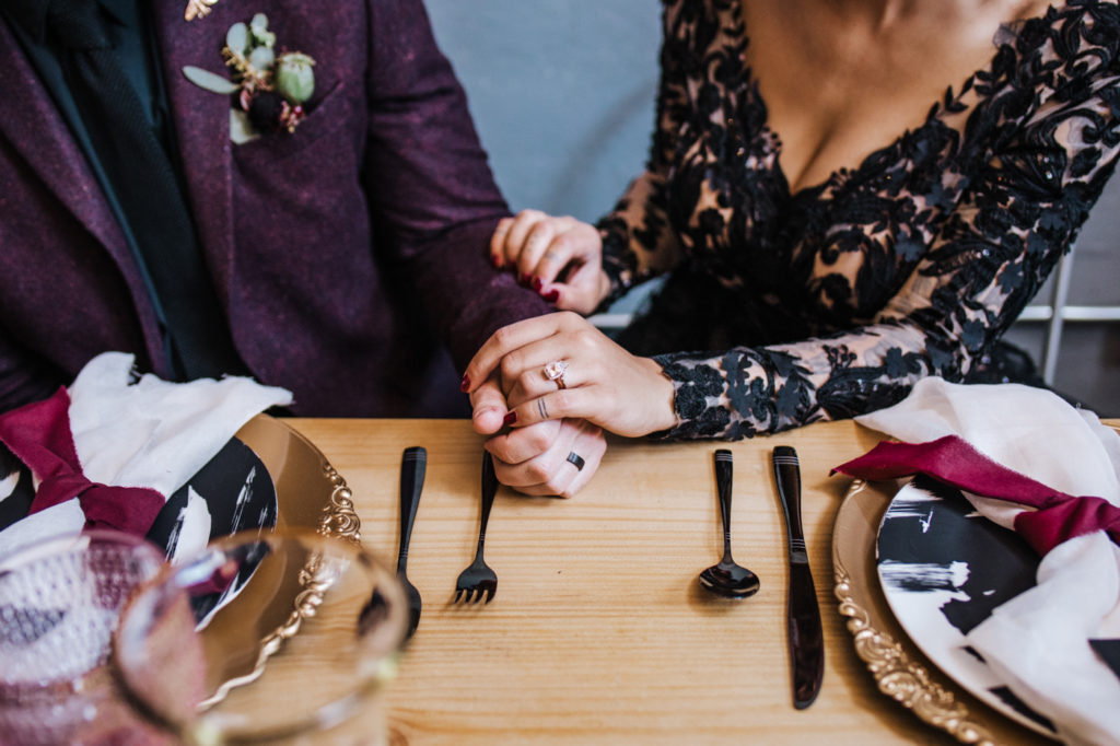 Dark Urban Wedding With Burgundy Styling and A Black Wedding Dress