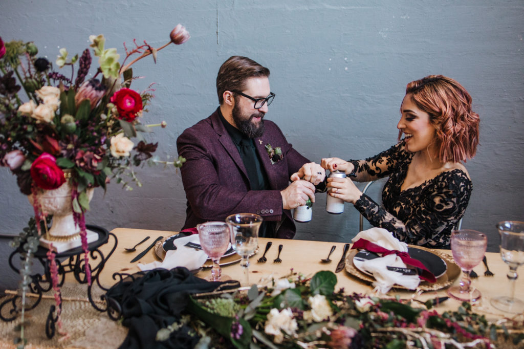 Dark Urban Wedding With Burgundy Styling and A Black Wedding Dress