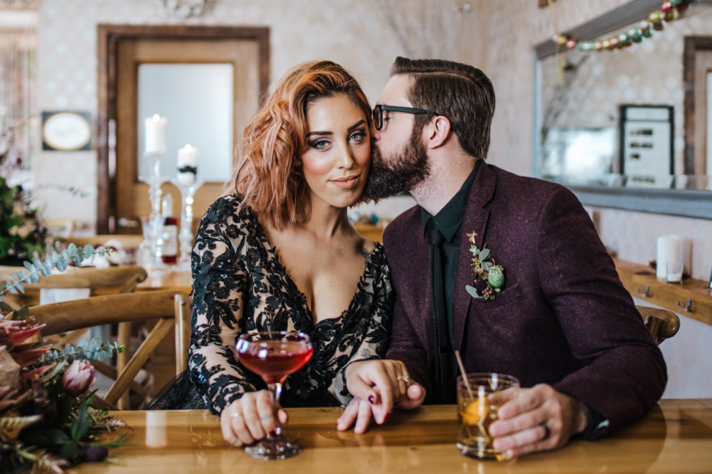 Dark Urban Wedding With Burgundy Styling and A Black Wedding Dress