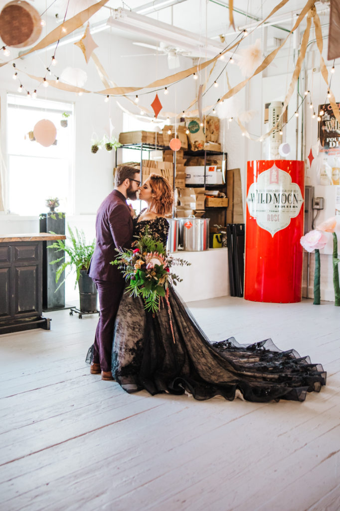 Dark Urban Wedding With Burgundy Styling and A Black Wedding Dress