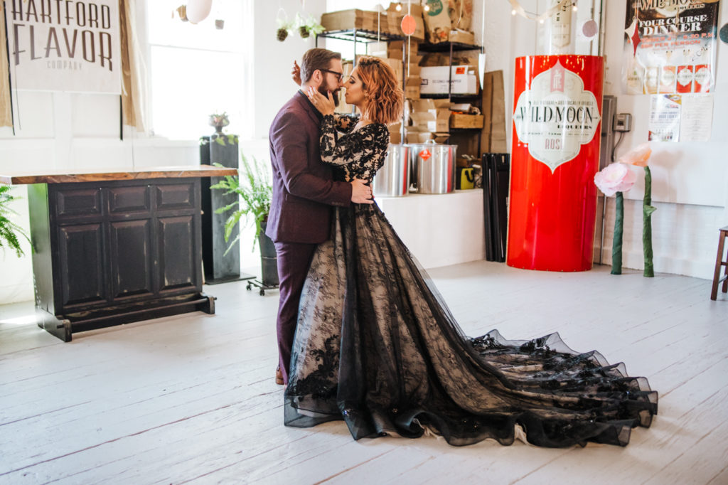 Dark Urban Wedding With Burgundy Styling and A Black Wedding Dress