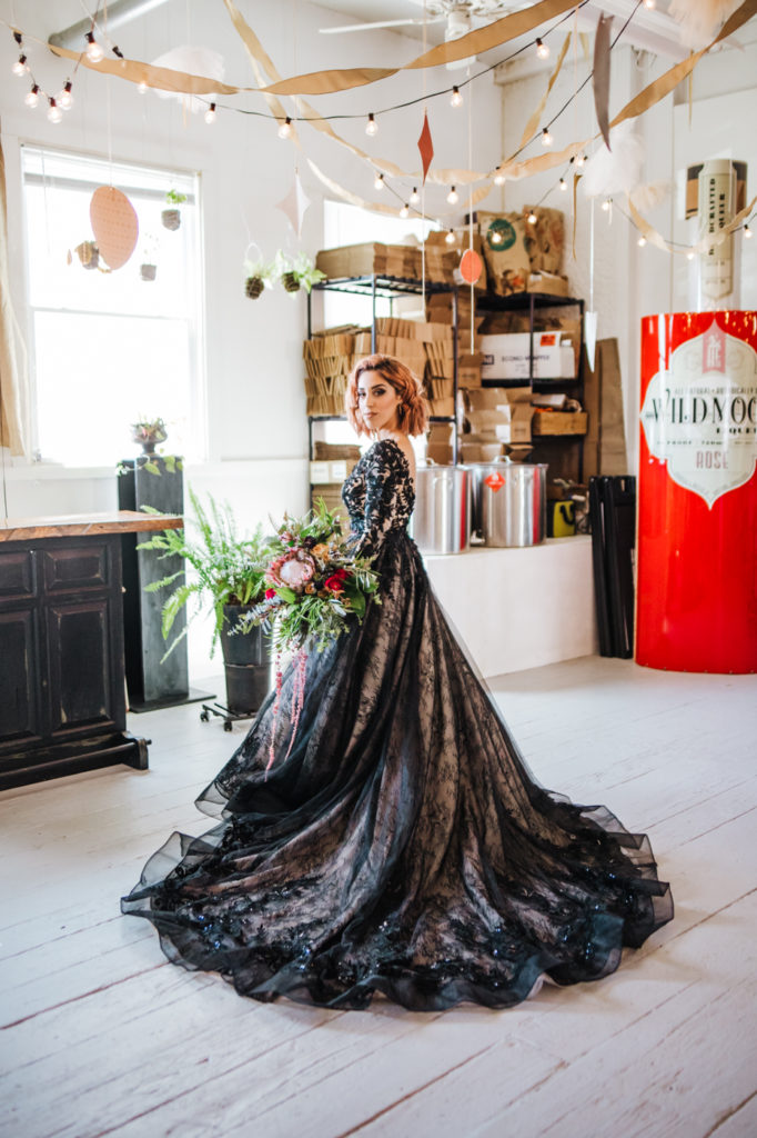 Dark Urban Wedding With Burgundy Styling and A Black Wedding Dress