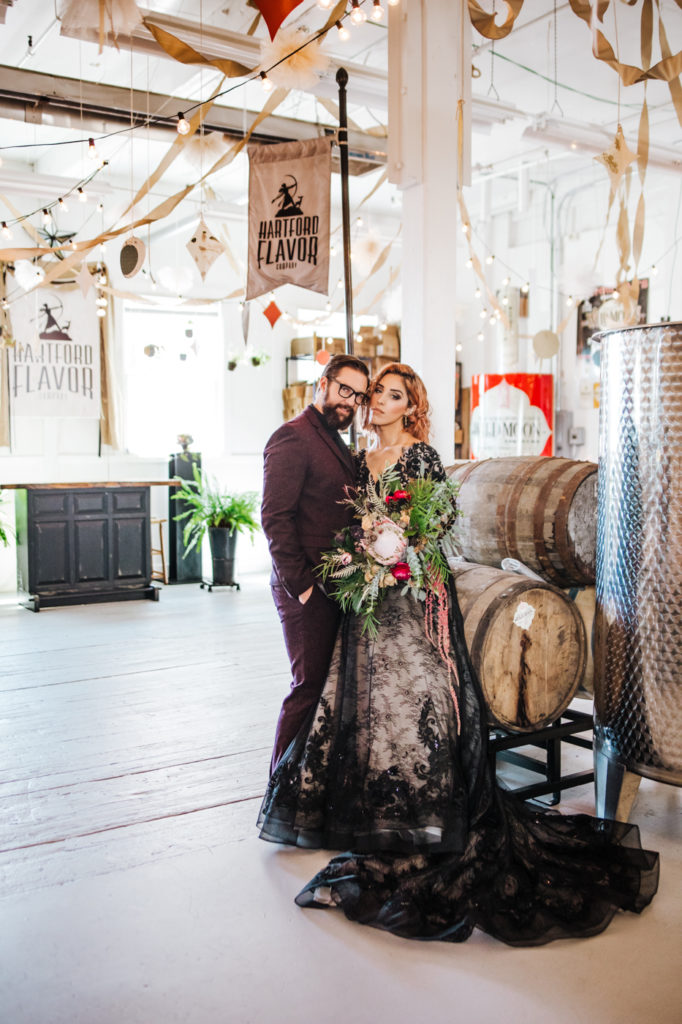 Dark Urban Wedding With Burgundy Styling and A Black Wedding Dress