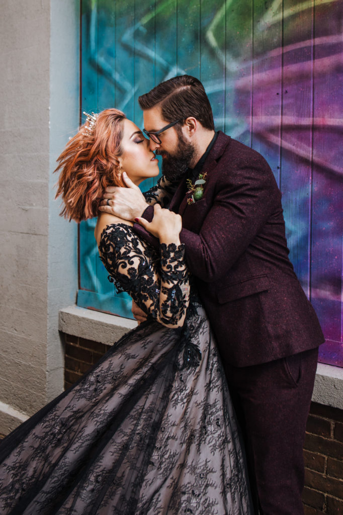 Dark Urban Wedding With Burgundy Styling and A Black Wedding Dress