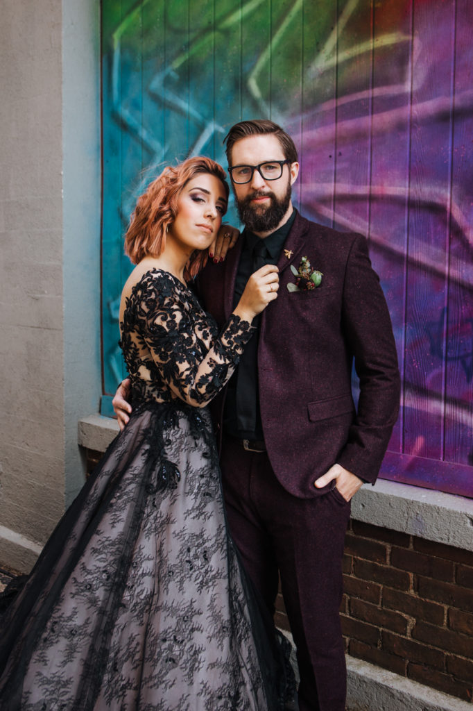 Dark Urban Wedding With Burgundy Styling and A Black Wedding Dress