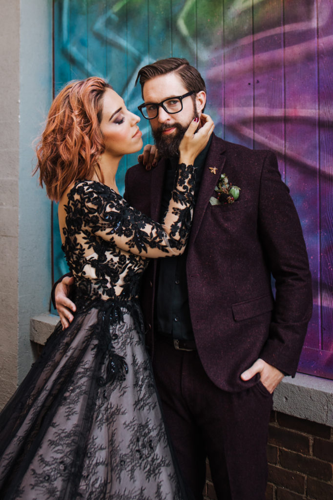 Dark Urban Wedding With Burgundy Styling and A Black Wedding Dress