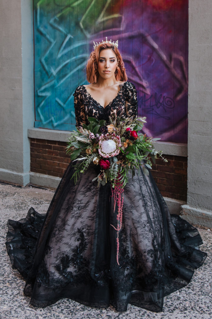 Dark Urban Wedding With Burgundy Styling and A Black Wedding Dress