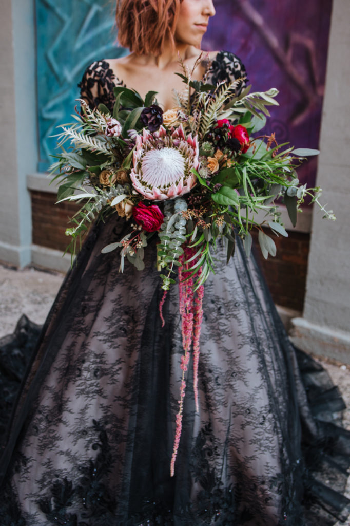 Dark Urban Wedding With Burgundy Styling and A Black Wedding Dress