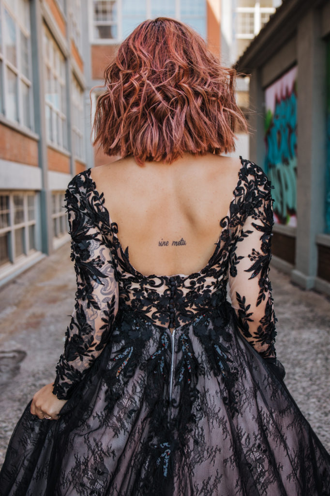 Dark Urban Wedding With Burgundy Styling and A Black Wedding Dress