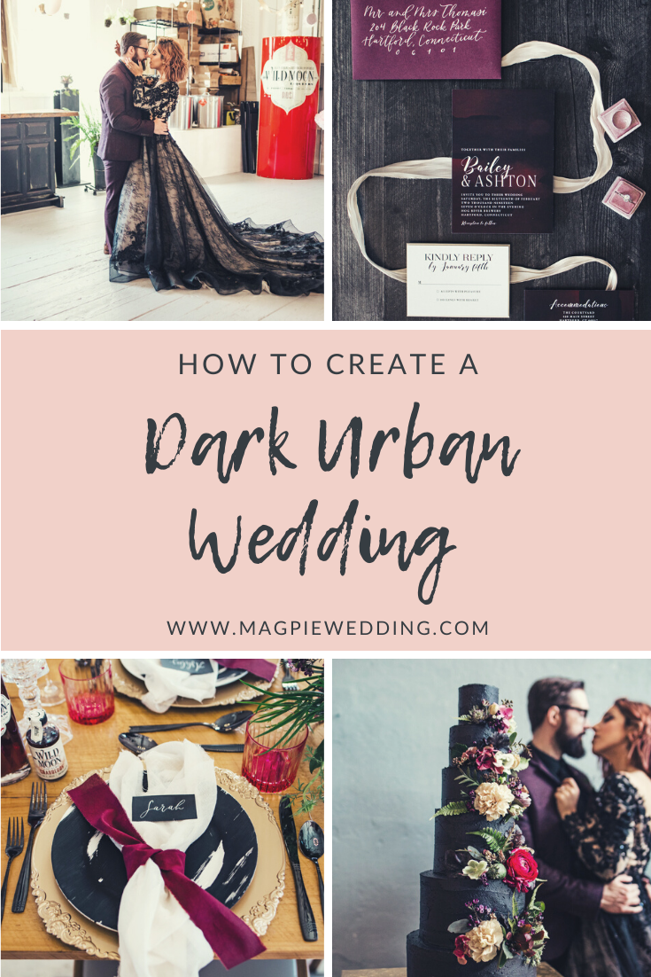 Dark Urban Wedding With Burgundy Styling and A Black Wedding Dress