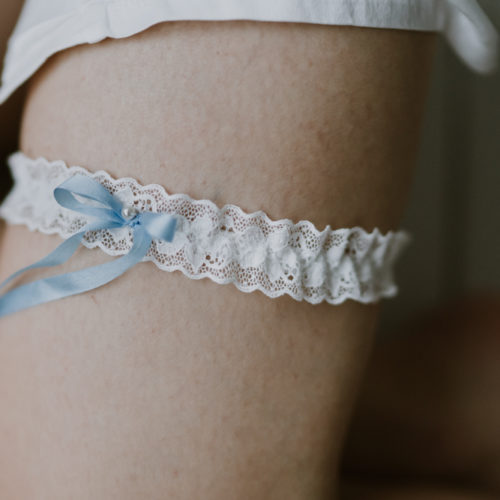 Nottingham Lace Wedding Garter with Delicate Pure Silk Blue Bow