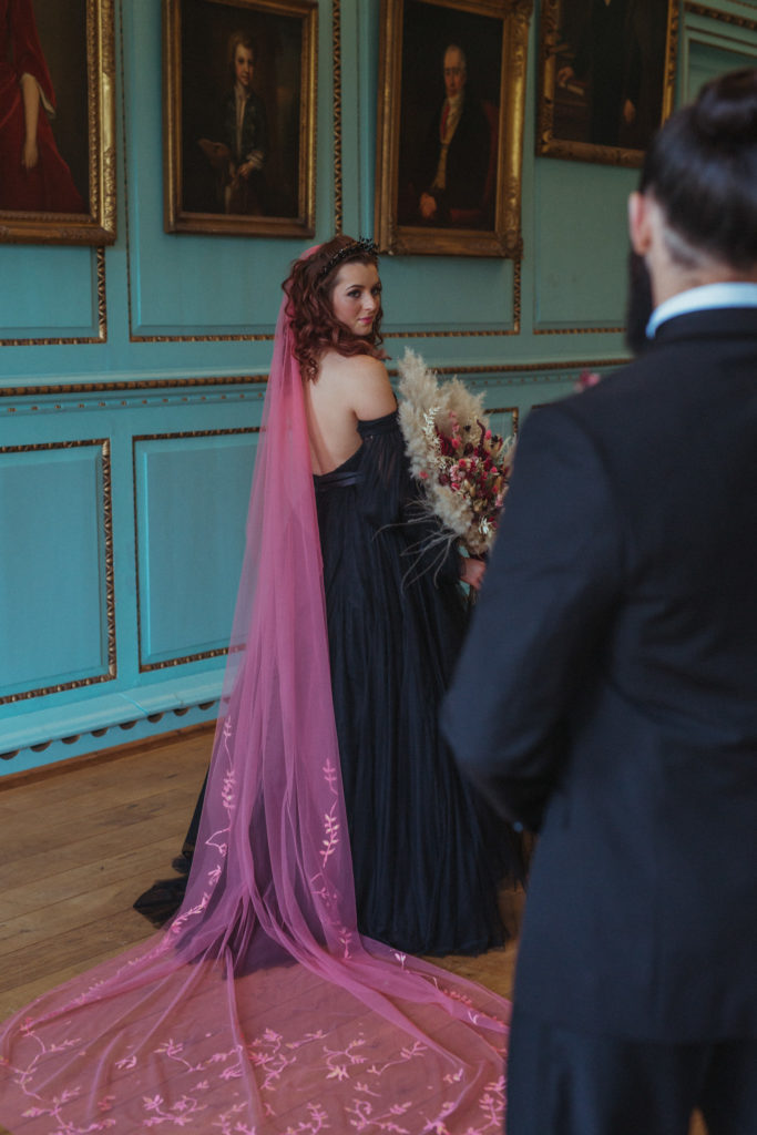 Modern Gothic Wedding With A Black Dress at Bradbourne House Kent