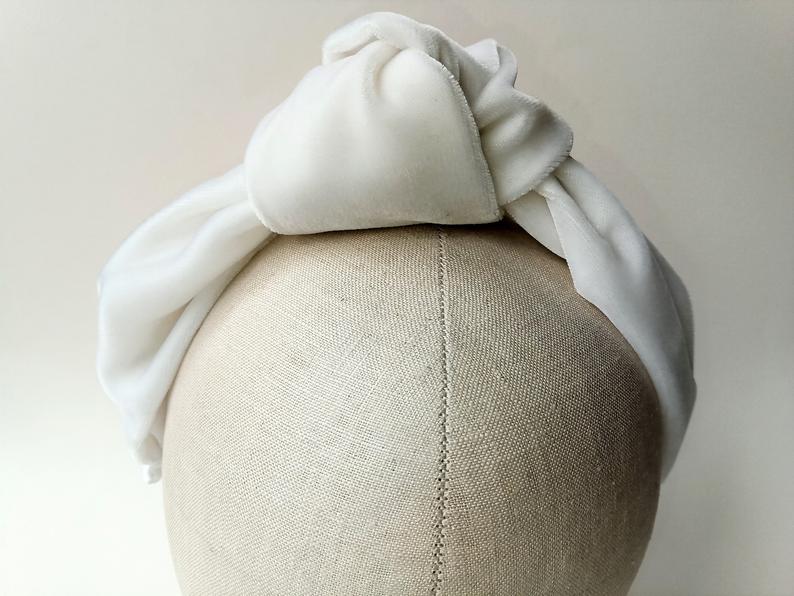 White velvet knot bridal headband