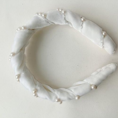 White velvet padded bridal headband with pearl beads