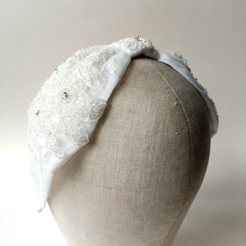 White lace turban wedding headband made with beaded bridal fabric