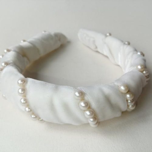 White velvet padded bridal headband with pearl beads