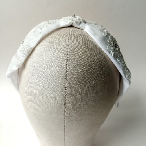 White lace turban wedding headband made with beaded bridal fabric