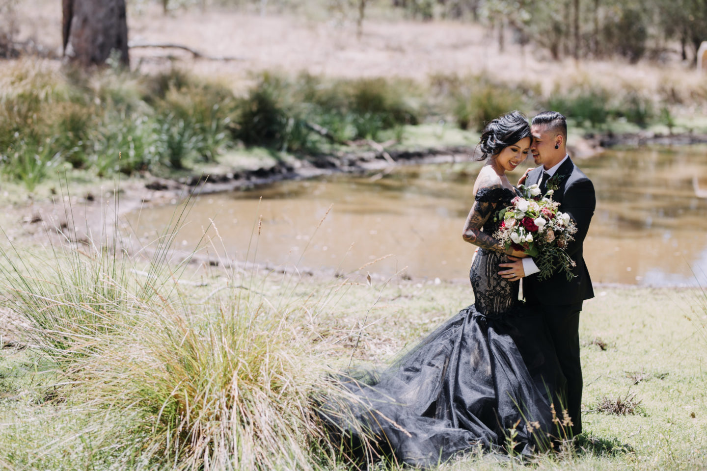 Romantic Goth Wedding With Black Wedding Dress at Villa Capri Sydney