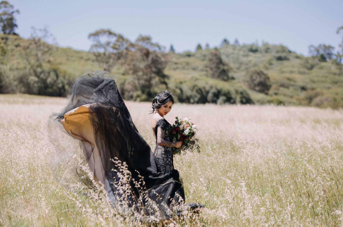 Romantic Goth Wedding With Black Wedding Dress at Villa Capri Sydney