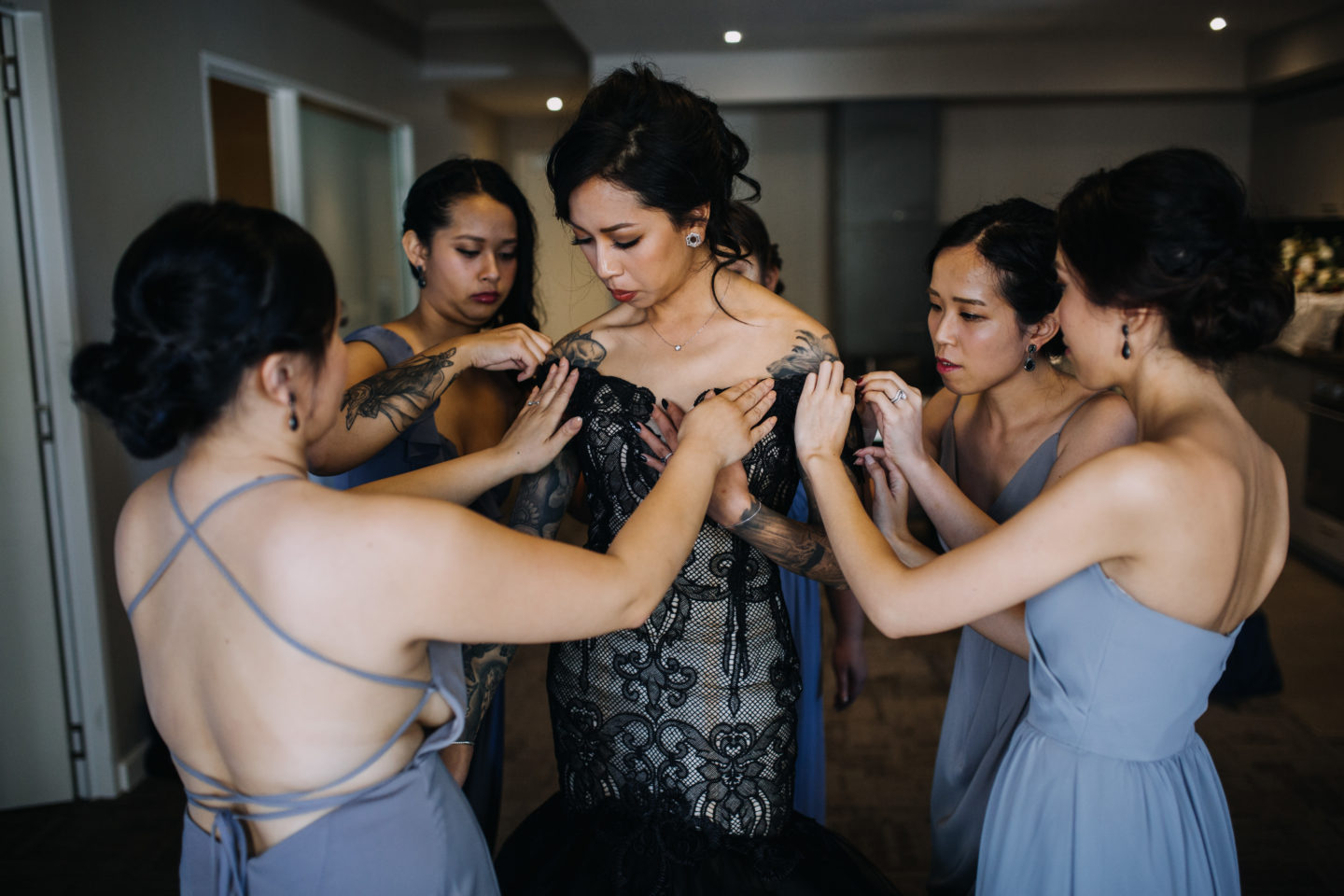 Romantic Goth Wedding With Black Wedding Dress at Villa Capri Sydney