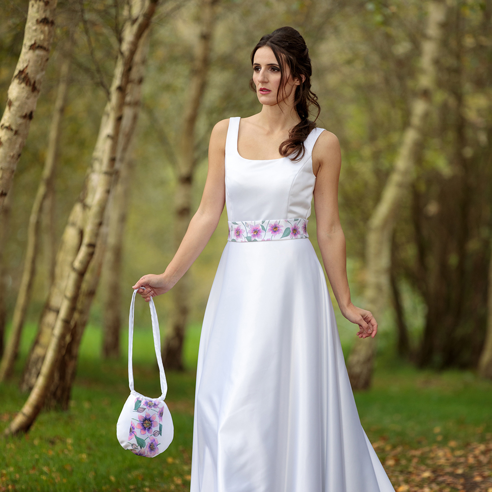 Aylin White Designs - Hand painted Clematis gown, with a hand painted Clematis bag.