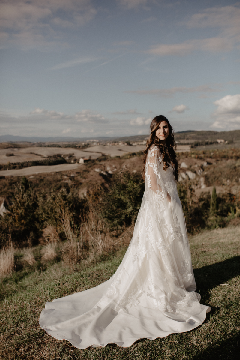 Dreamy Italian Elopement With Lace Wedding Cape at The Lazy Olive, Tuscany