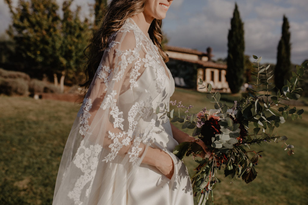Dreamy Italian Elopement With Lace Wedding Cape at The Lazy Olive, Tuscany