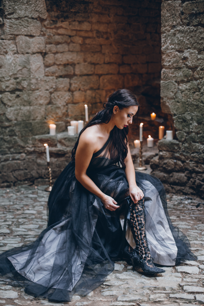 Magical Maleficent Wedding With Black Wedding Dress at Nunney Castle, Somerset