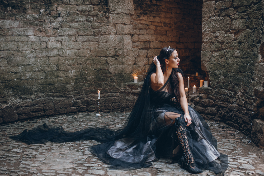 Magical Maleficent Wedding With Black Wedding Dress at Nunney Castle, Somerset