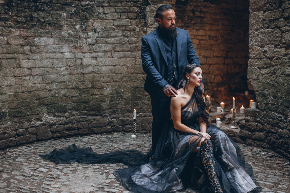 Magical Maleficent Wedding With Black Wedding Dress at Nunney Castle, Somerset