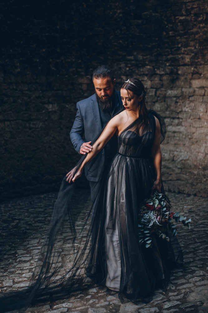 Magical Maleficent Wedding With Black Wedding Dress at Nunney Castle, Somerset
