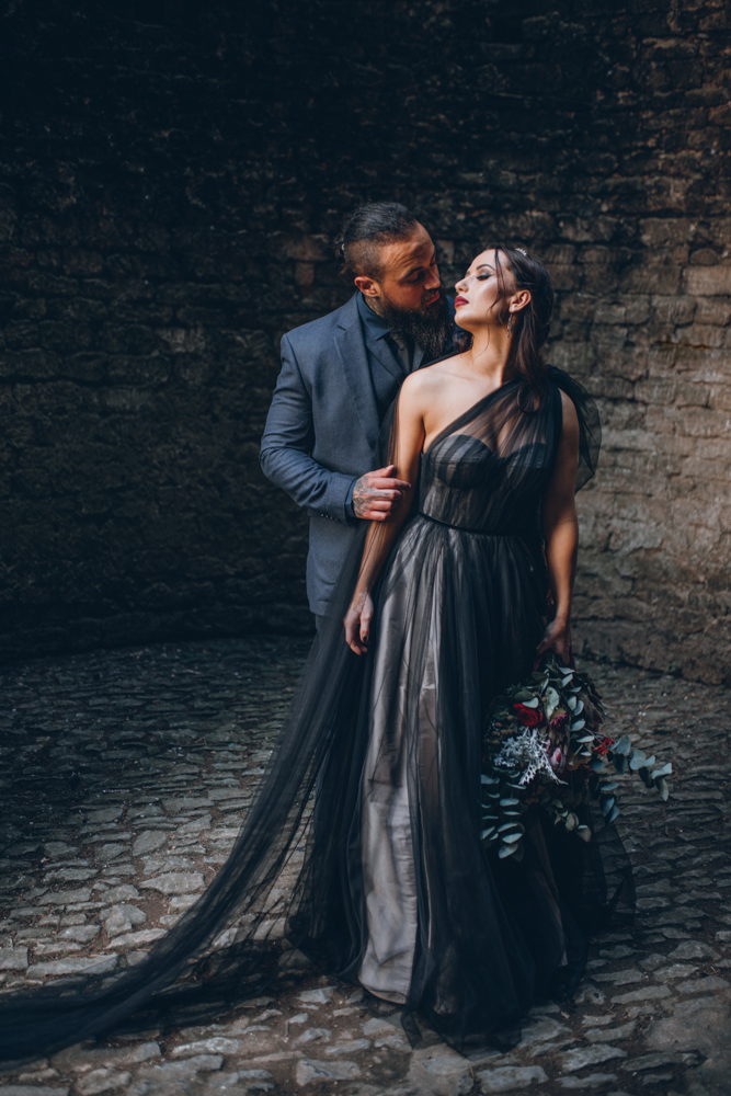 Magical Maleficent Wedding With Black Wedding Dress at Nunney Castle, Somerset