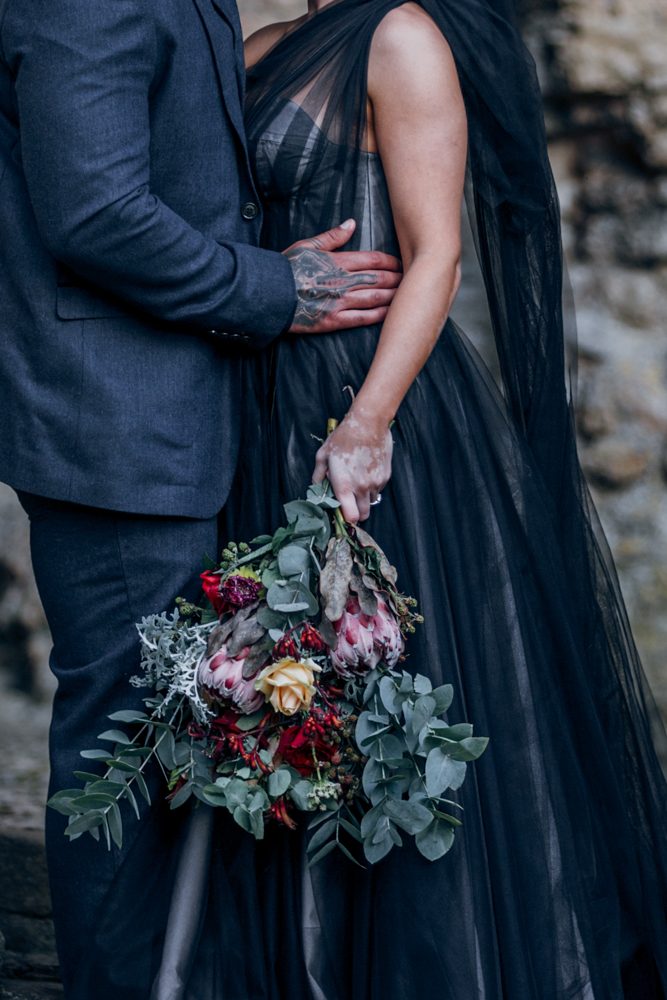 Magical Maleficent Wedding With Black Wedding Dress at Nunney Castle, Somerset