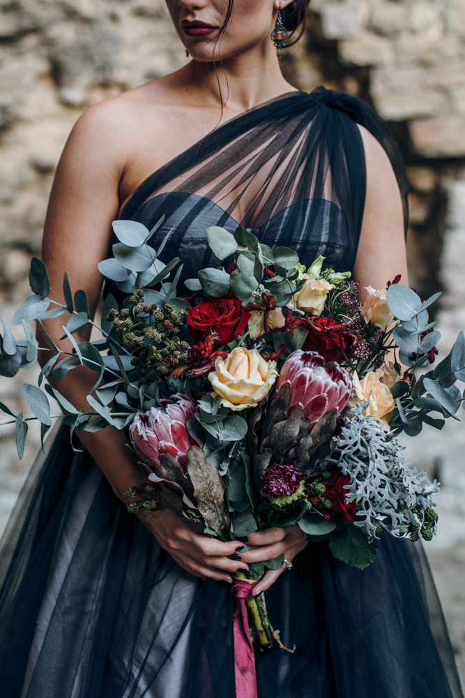 Magical Maleficent Wedding With Black Wedding Dress at Nunney Castle, Somerset