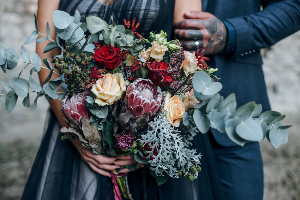 Magical Maleficent Wedding With Black Wedding Dress at Nunney Castle, Somerset