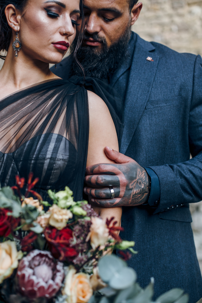 Magical Maleficent Wedding With Black Wedding Dress at Nunney Castle, Somerset