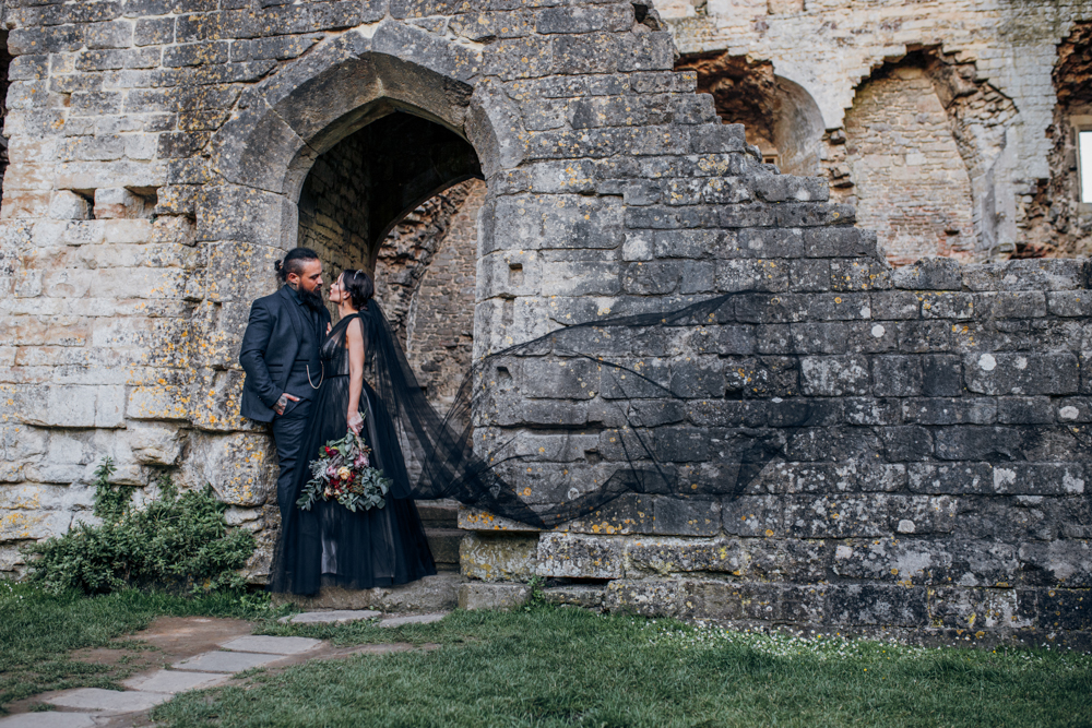 Magical Maleficent Wedding With Black Wedding Dress at Nunney Castle, Somerset