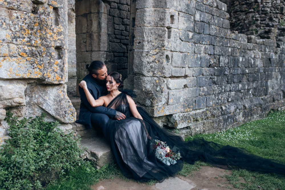 Magical Maleficent Wedding With Black Wedding Dress at Nunney Castle, Somerset